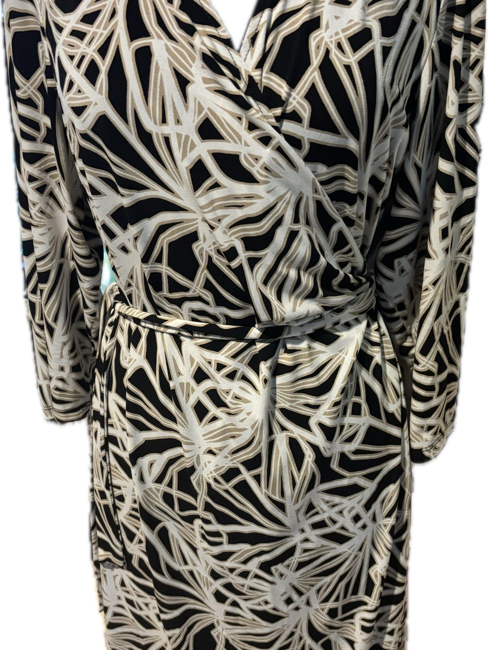 Dress Barn Black and Cream Abstract Wrap Midi Dress